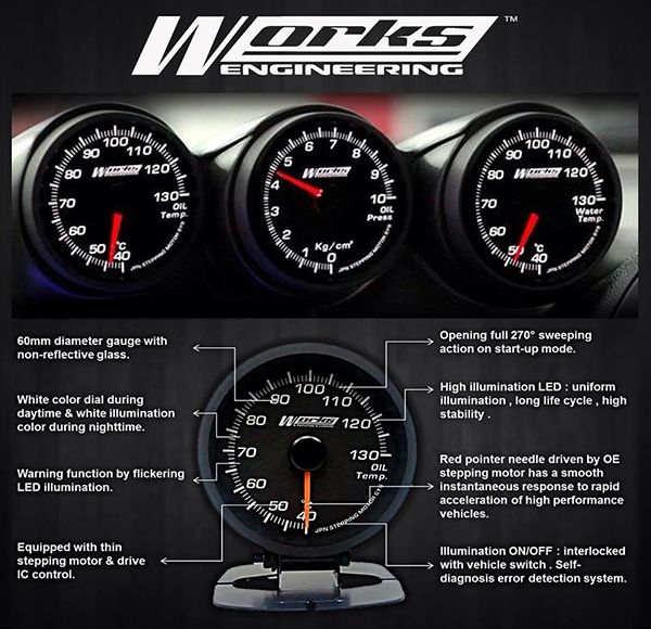 Buy WORKS ENGINEERING PRO II Gauge with Warning flickering LED (Water Temp, Oil Temp, Oil Pres